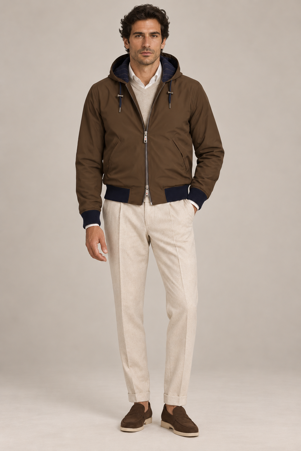 KITON KIRED "Barwa" Navy Chalkstripe Reversible Hooded Bomber Jacket