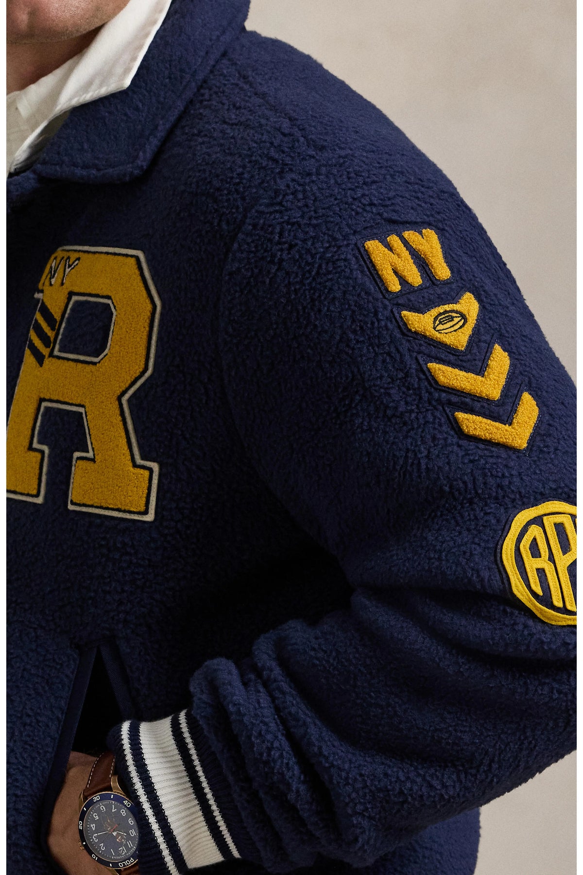 POLO RALPH LAUREN Blue Curly Pile Fleece Letterman Varsity Jacket