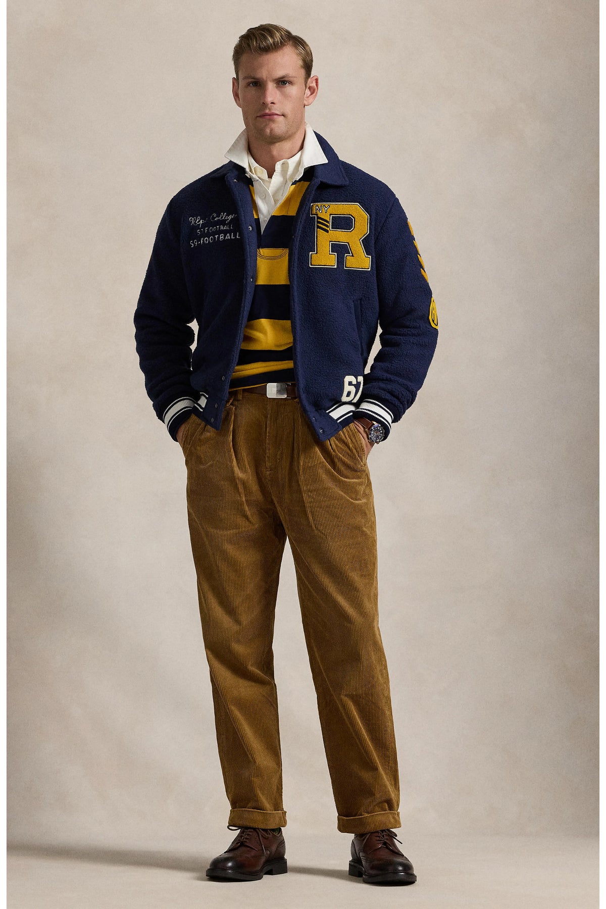 POLO RALPH LAUREN Blue Curly Pile Fleece Letterman Varsity Jacket