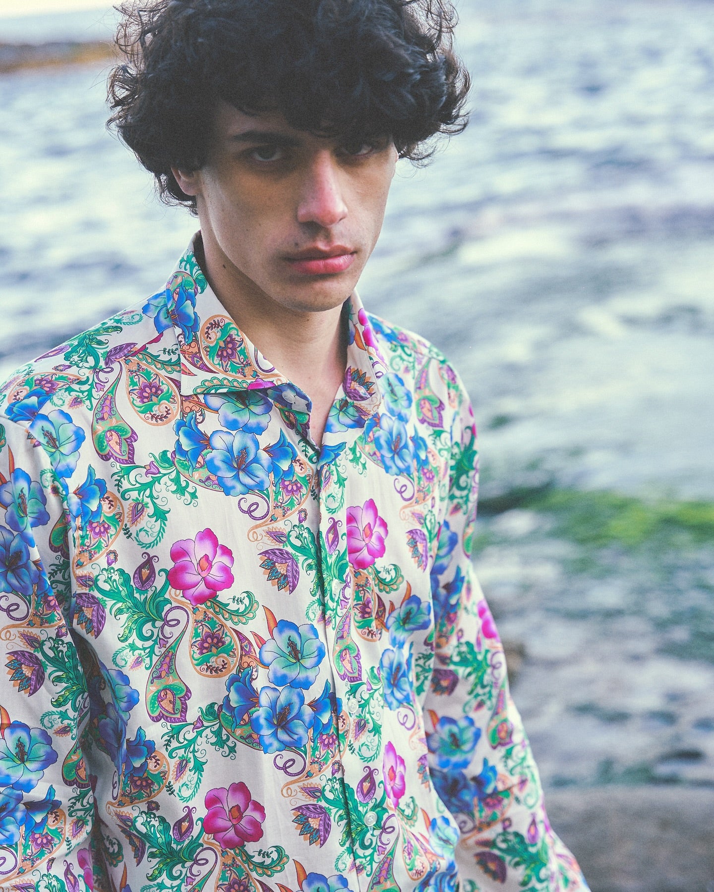 PIETRA SALATA White Floral-Paisley Pattern Cotton Spread Collar Shirt