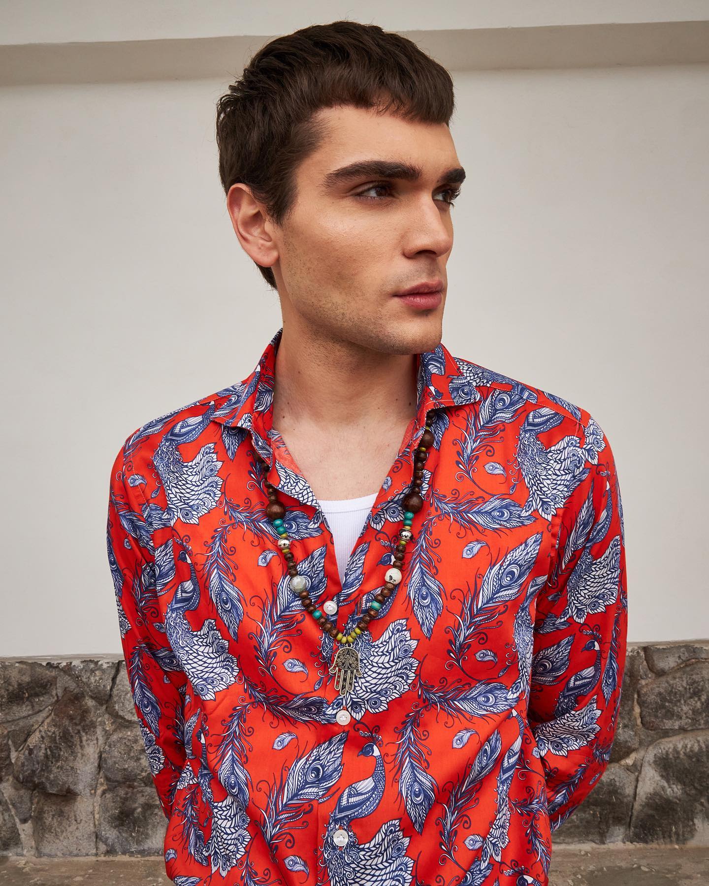 PIETRA SALATA Red-Blue Peacock Pattern Cotton Shirt