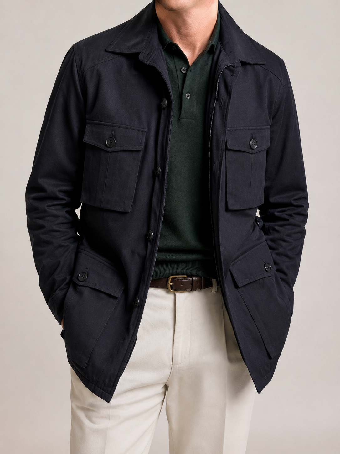 ANDERSON SHEPPARD Navy Blue Cotton Twill Safari Jacket L