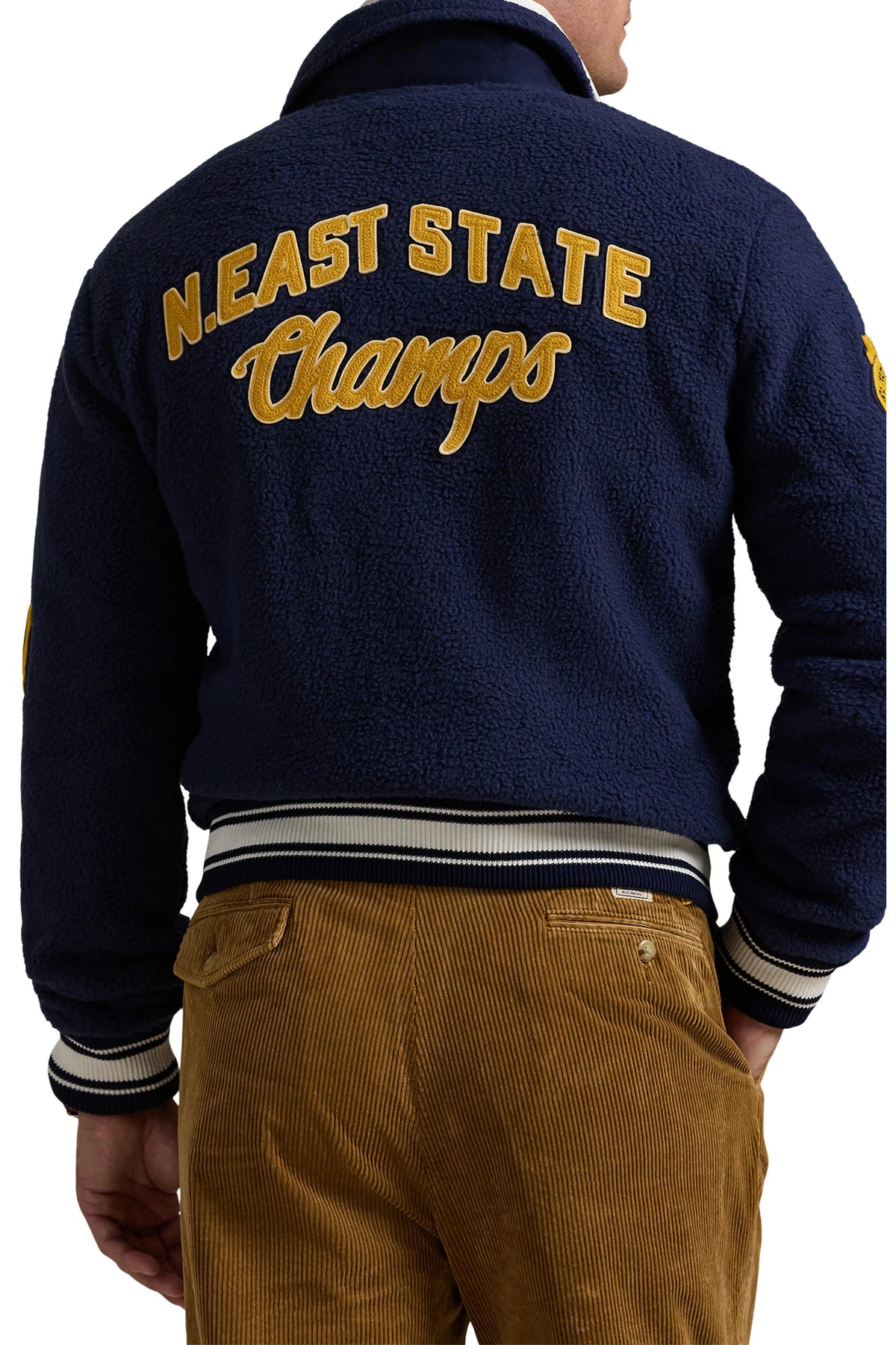 POLO RALPH LAUREN Blue Curly Pile Fleece Letterman Varsity Jacket