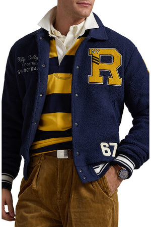 POLO RALPH LAUREN Blue Curly Pile Fleece Letterman Varsity Jacket