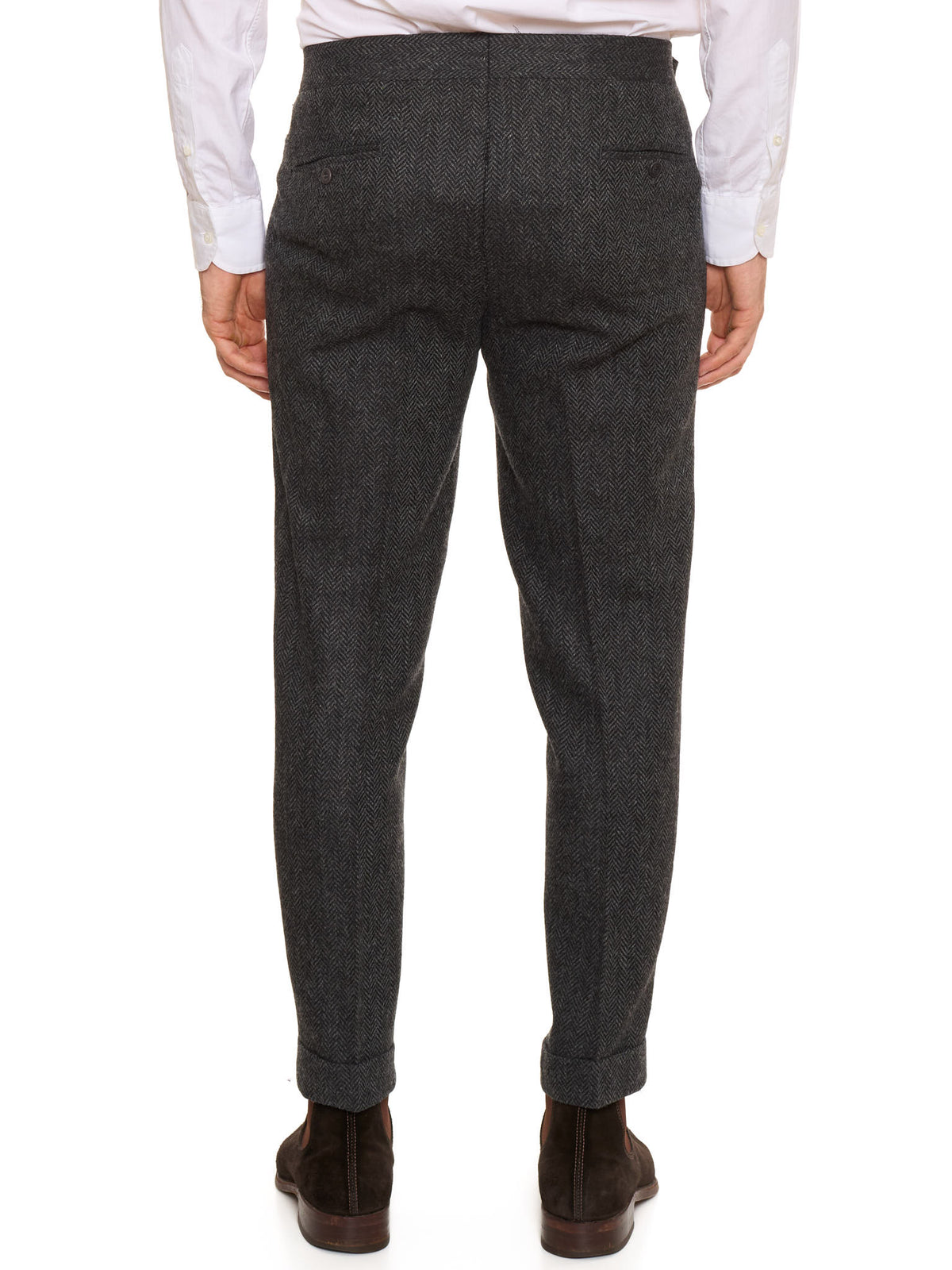 AMBROSI Napoli Bespoke Dark Gray Herringbone Wool Pleated Dress Pants EU 50 US 34