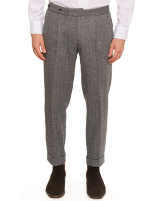 AMBROSI Napoli Bespoke Gray Herringbone Wool Pleated Dress Pants EU 50 US 34
