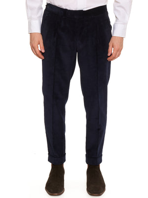 AMBROSI Napoli Bespoke Navy Blue Corduroy Cotton Pleated Dress Pants EU 50 US 34