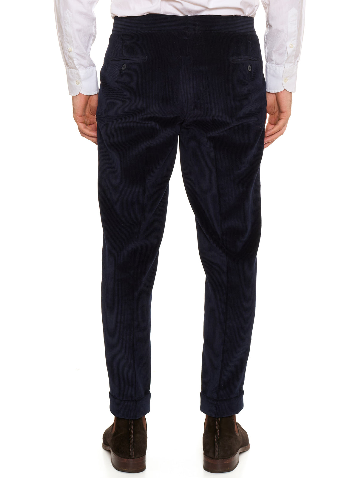 AMBROSI Napoli Bespoke Navy Blue Corduroy Cotton Pleated Dress Pants EU 50 US 34