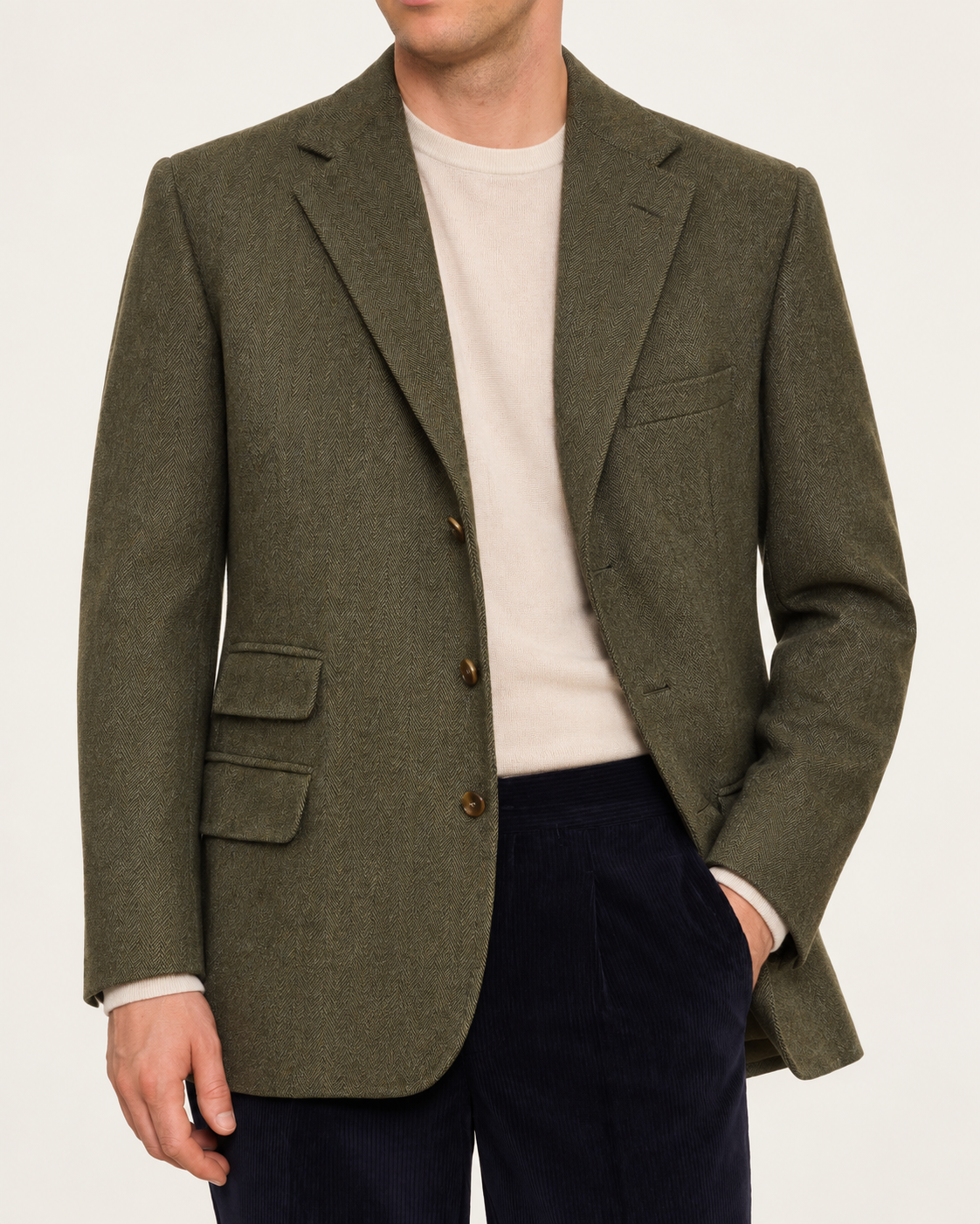 ANDERSON & SHEPPARD Bespoke Green Herringbone Harris Tweed Jacket