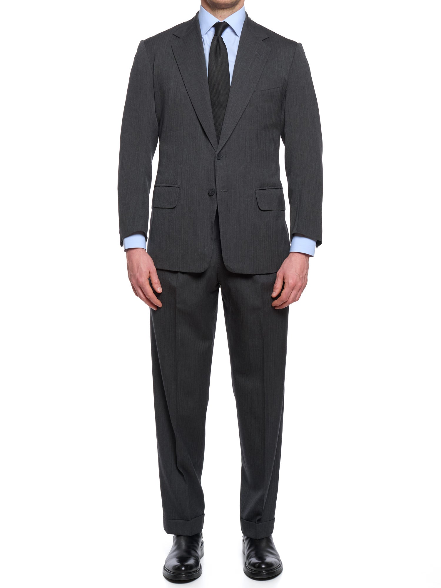 ANDERSON & SHEPPARD Dark Gray Herringbone Wool Bespoke Suit 2 Pairs of Pants