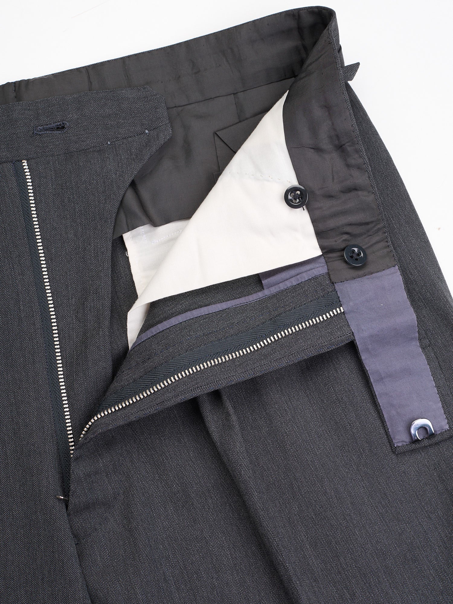 ANDERSON & SHEPPARD Dark Gray Herringbone Wool Bespoke Suit 2 Pairs of Pants