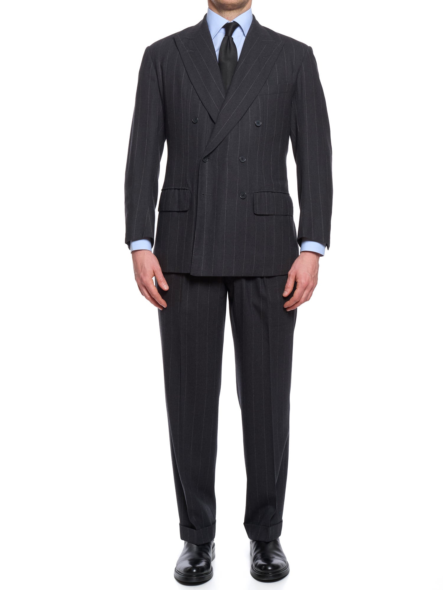 ANDERSON & SHEPPARD Gray Pinstripe Wool DB Bespoke Suit 2 Pairs of Pants