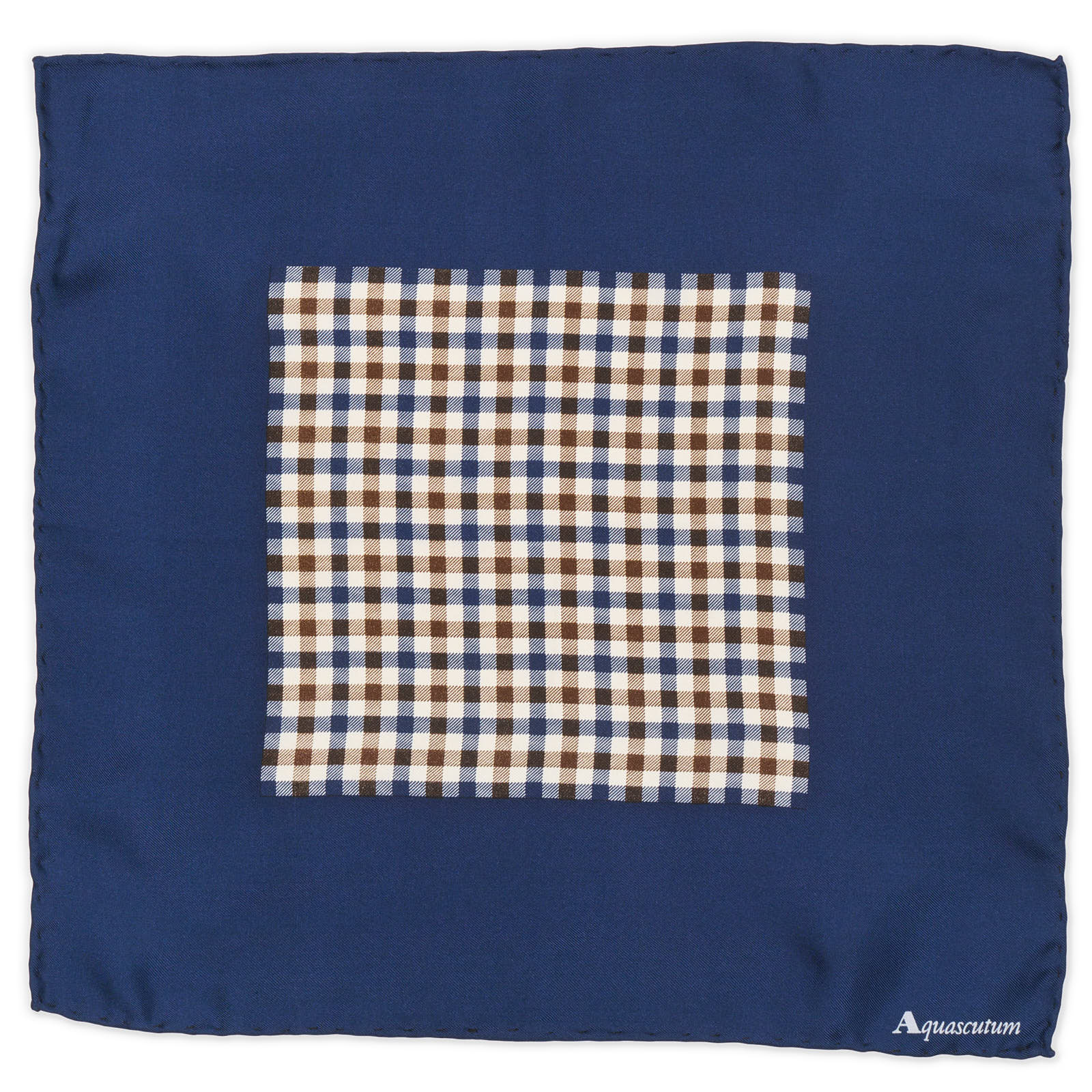 AQUASCUTUM Handmade Blue-Brown Plaids Silk Pocket Square NEW 32cm x 30cm
