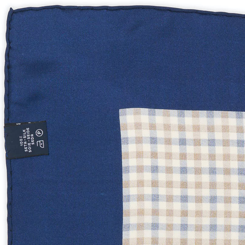 AQUASCUTUM Handmade Blue-Brown Plaids Silk Pocket Square NEW 32cm x 30cm