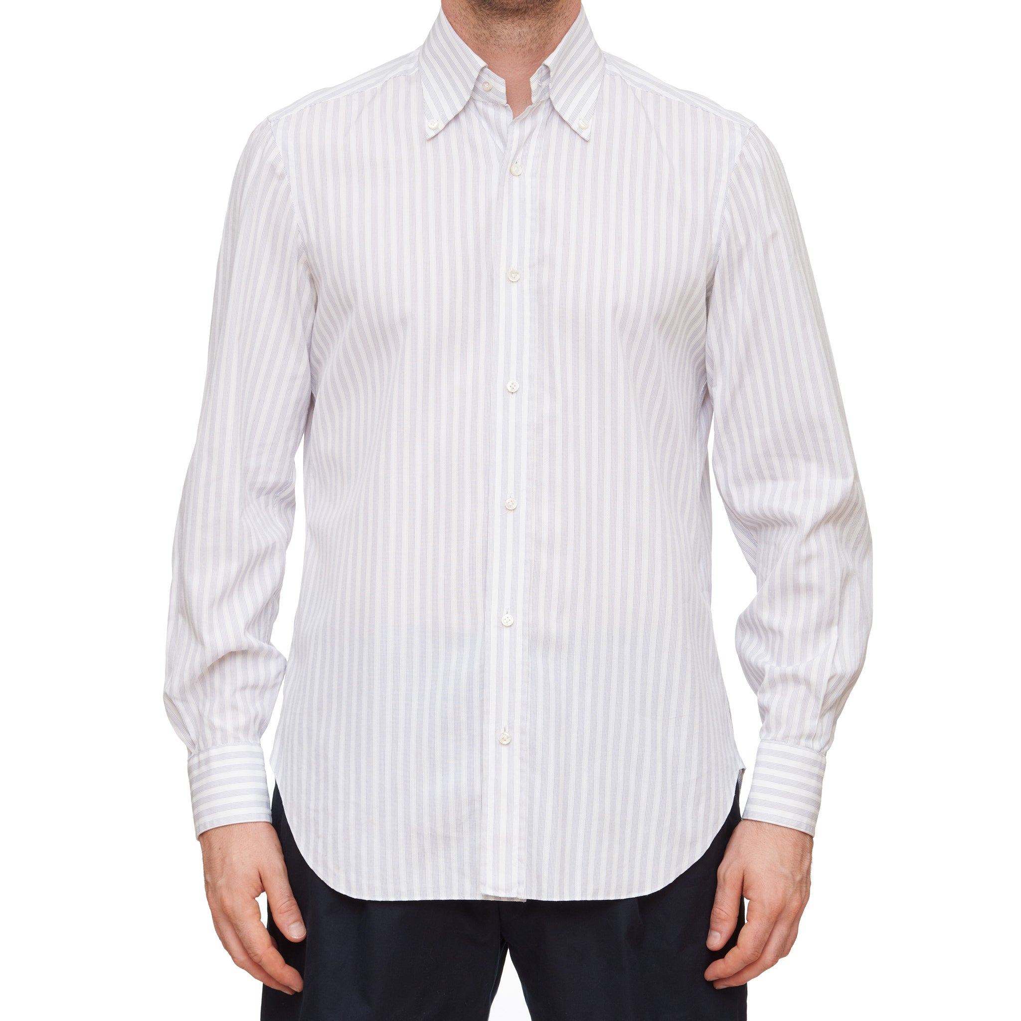 BARBA Handmade White Striped Cotton Button-Down Dress Shirt EU 40 US 15.75