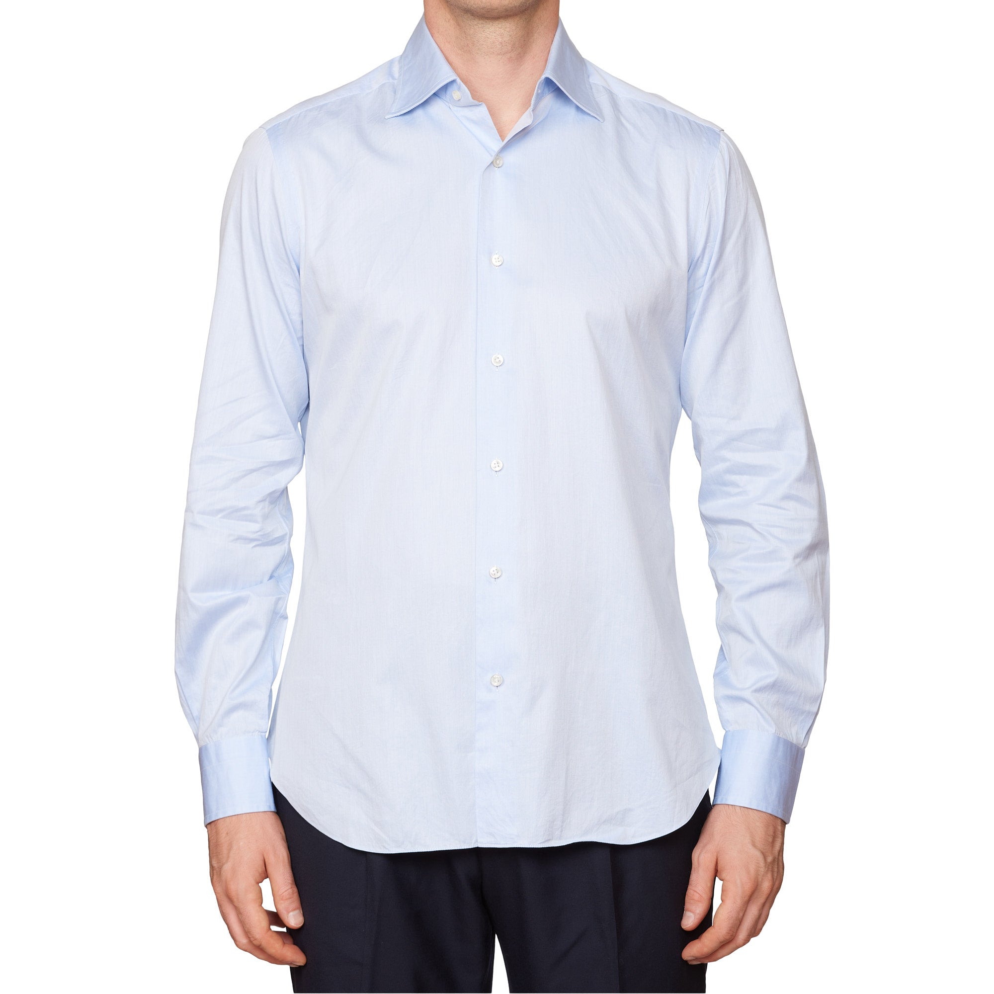 BARBA Napoli Handmade Solid Blue Twill Cotton Dress Shirt EU 40 US 15.75 Slim Fit