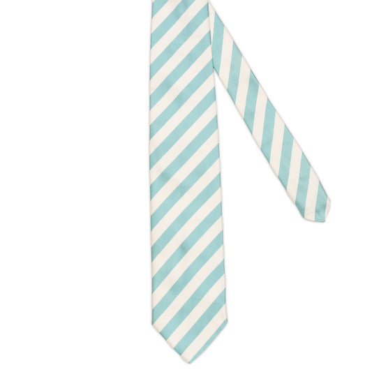 BATTISTONI Handmade Blue-Ivory Striped Design Silk Tie NEW