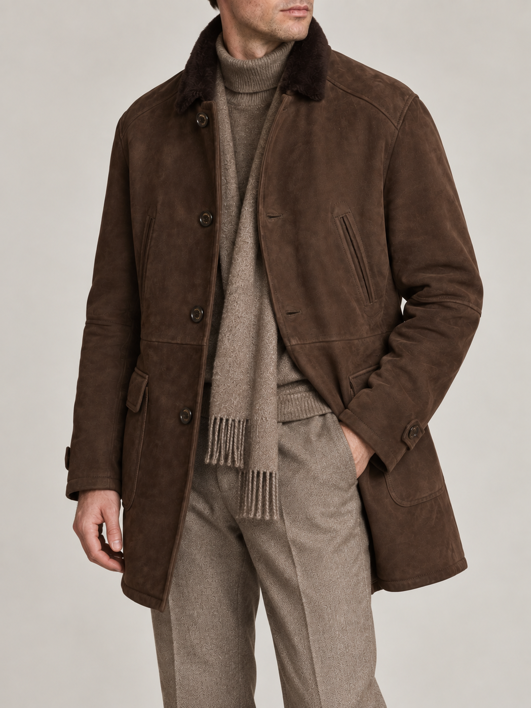 BRUNELLO CUCINELLI Brown Fur Lined Suede  Leather Shearling Jacket Coat