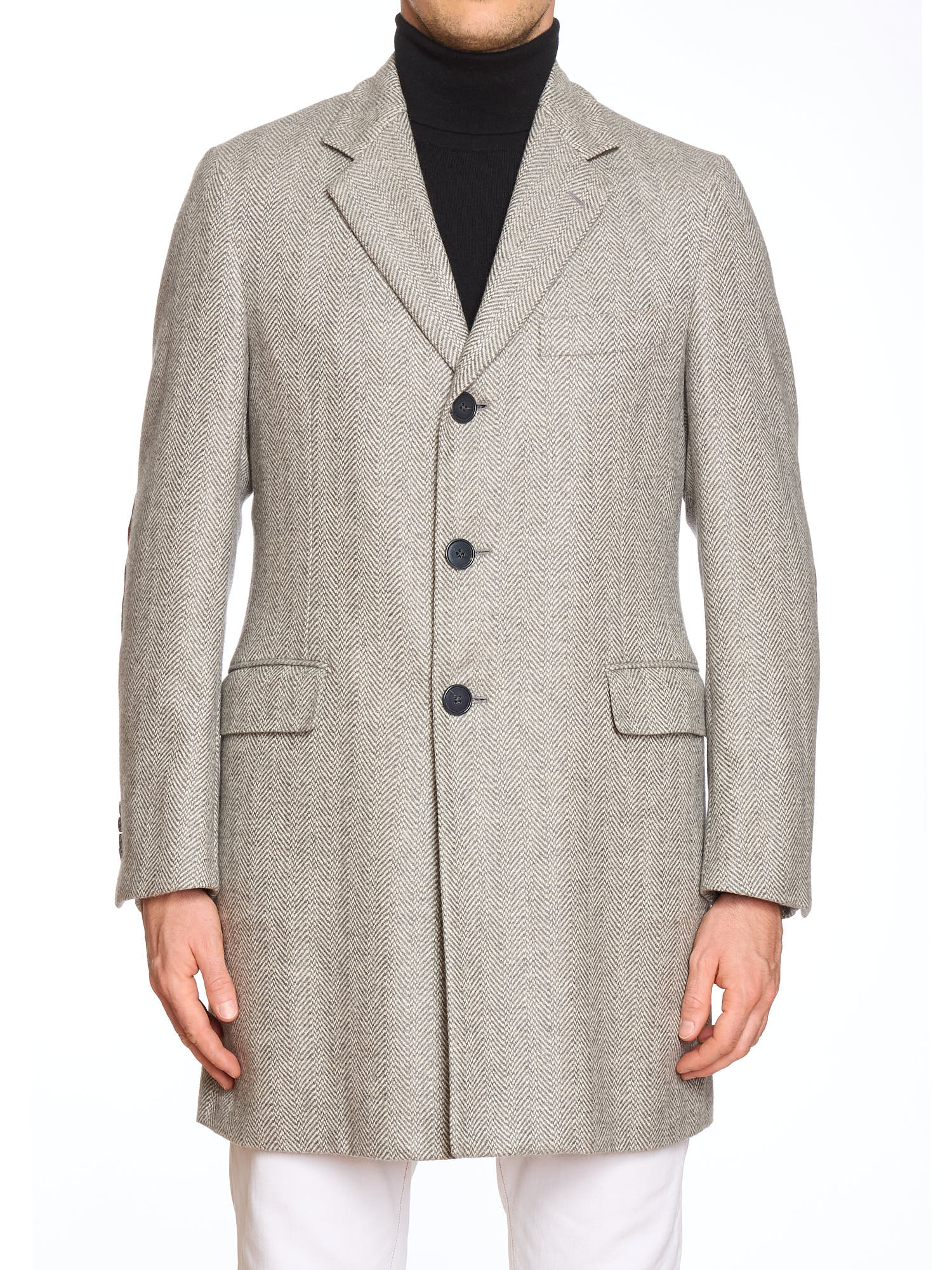 BELVEST Gray Herringbone Cashmere Slim Fit Over Coat