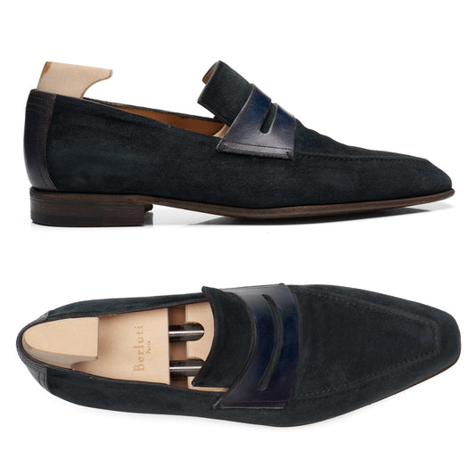 BERLUTI Paris Andy Demesure Navy Blue Suede Calf Leather Penny Loafer Shoes UK 8 US 9