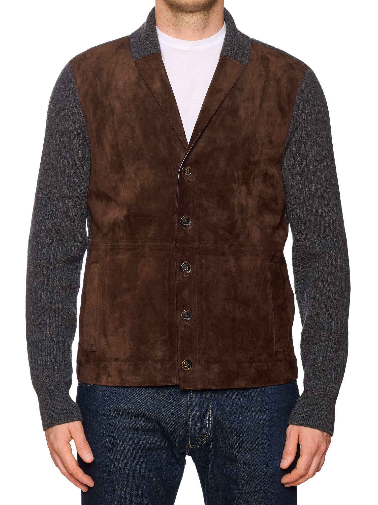 SalvaggioBERLUTI Paris Choco Cashmere - Suede Front Button Up Knit Sweater