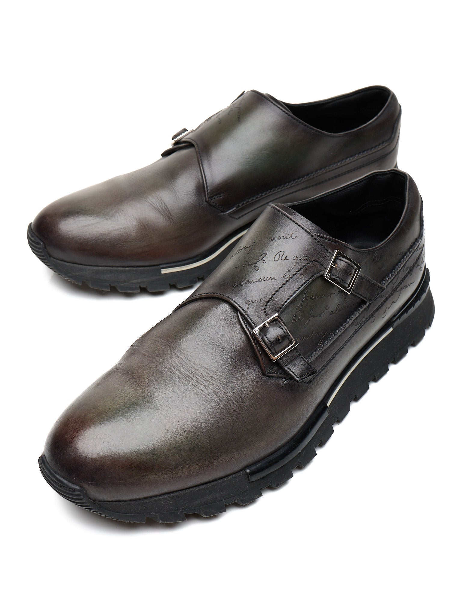 BERLUTI Fast Track Scritto Venezia Leather Monk-Strap Sneakers Gray-Green
