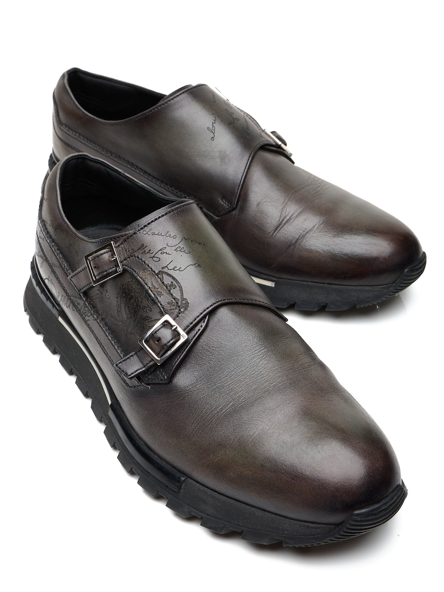 BERLUTI Fast Track Scritto Venezia Leather Monk-Strap Sneakers Gray-Green