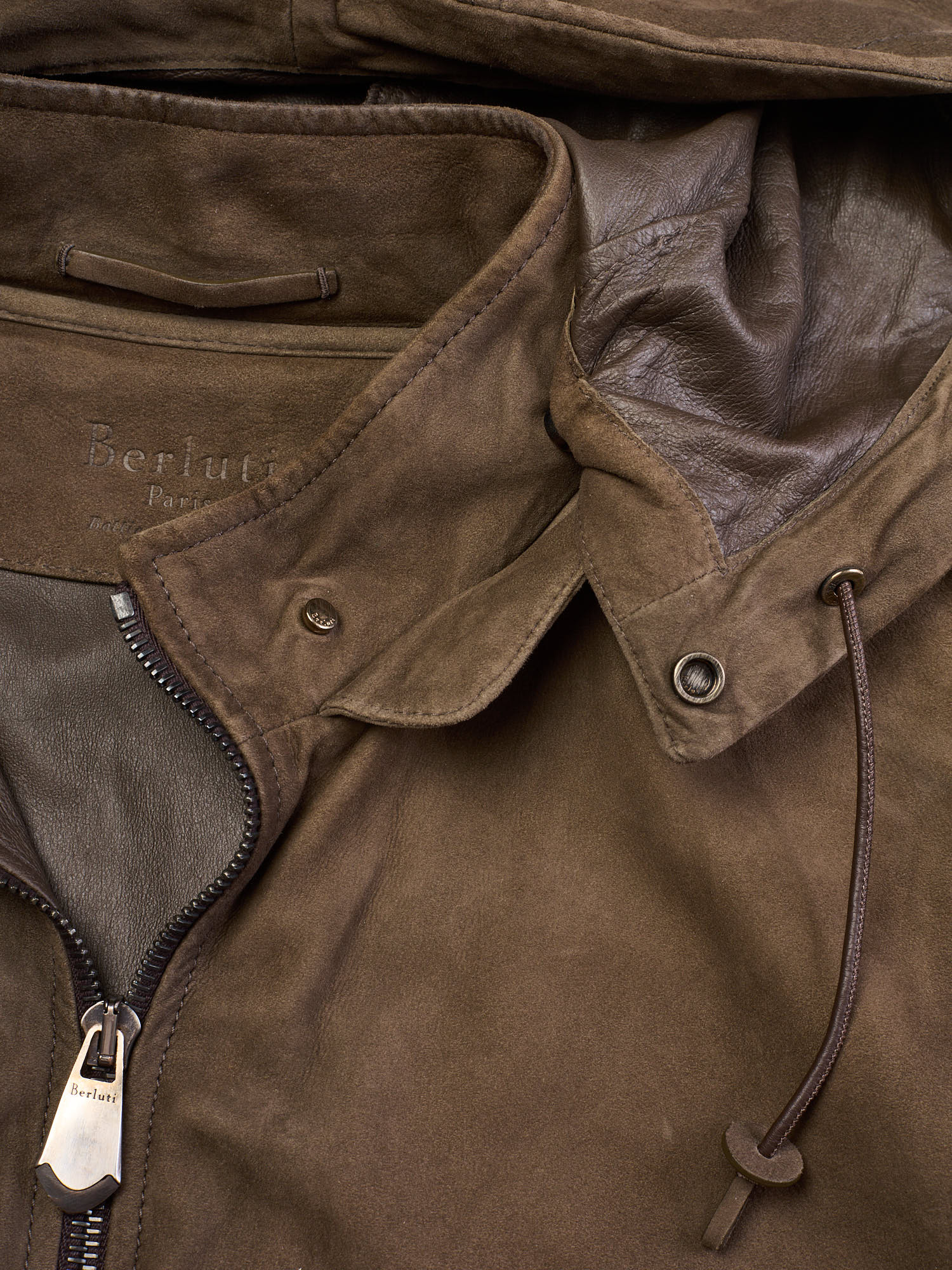 BERLUTI Packable Khaki Nubuck Lambskin Leather Hooded Jacket
