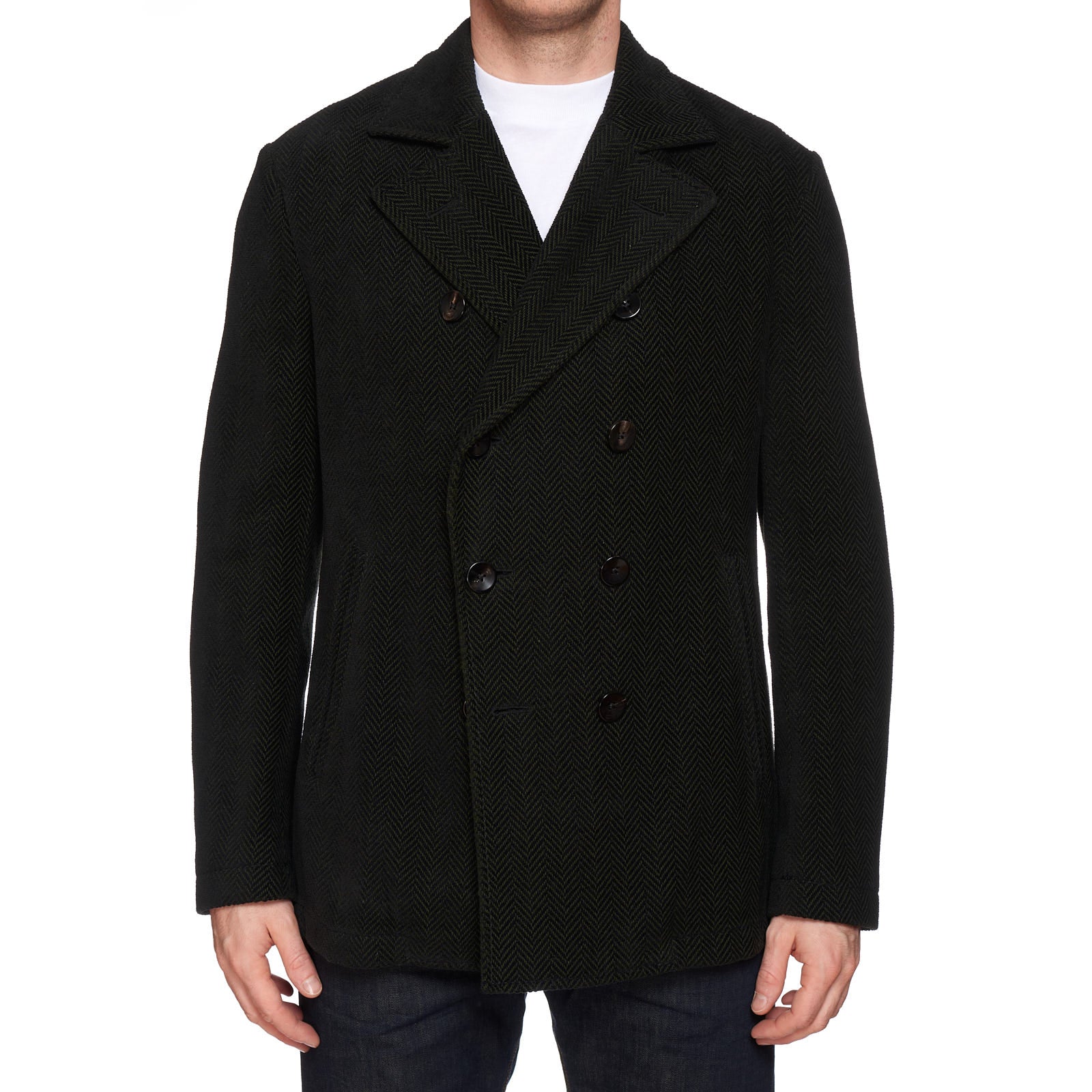 BOGLIOLI "Wear" Green Herringbone Cotton-Cashmere-Wool Unlined Pea Coat 50 NEW 40