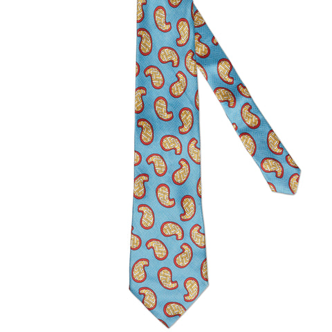 BOTTEGA VENETA Handmade Blue Geometry Pattern Design Silk Tie