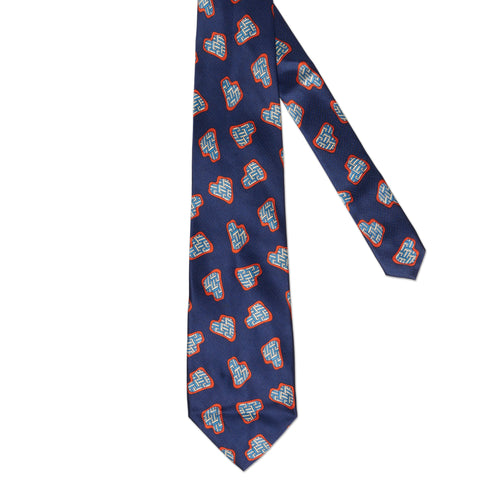 BOTTEGA VENETA Handmade Navy Blue Geometry Pattern Design Silk Tie