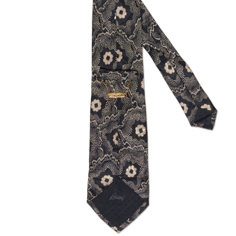 BRIONI Handmade Black Floral Design Silk Tie