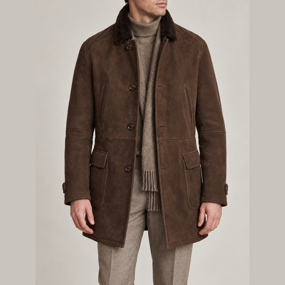 BRUNELLO CUCINELLI Brown Fur Lined Suede  Leather Shearling Jacket Coat