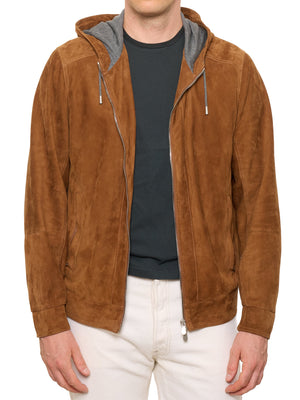BRUNELLO CUCINELLI Brown Hooded Leather Jacket NEW L