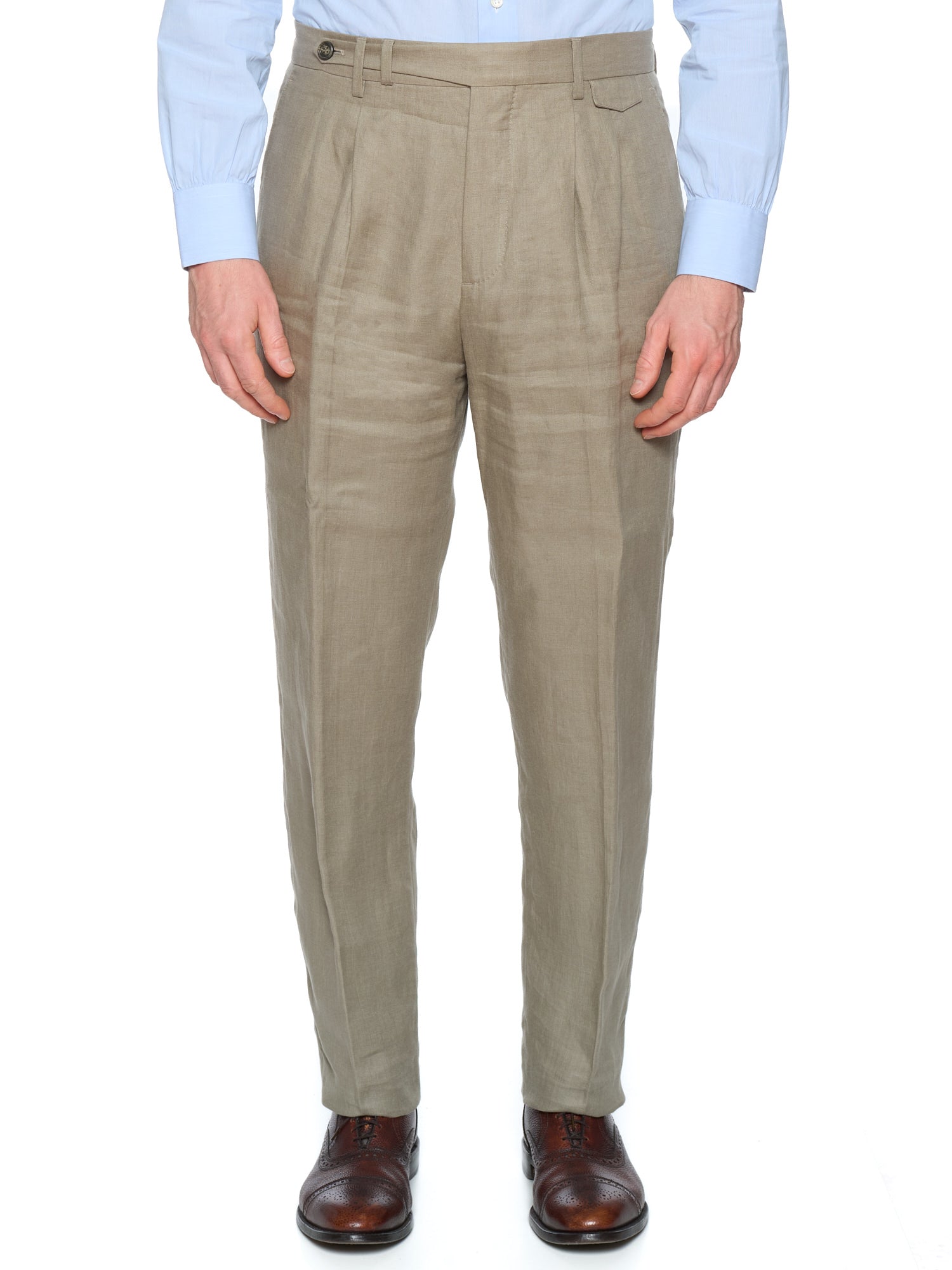 BRUNELLO CUCINELLI Beige Heringbone Linen Leisure Fit Pants