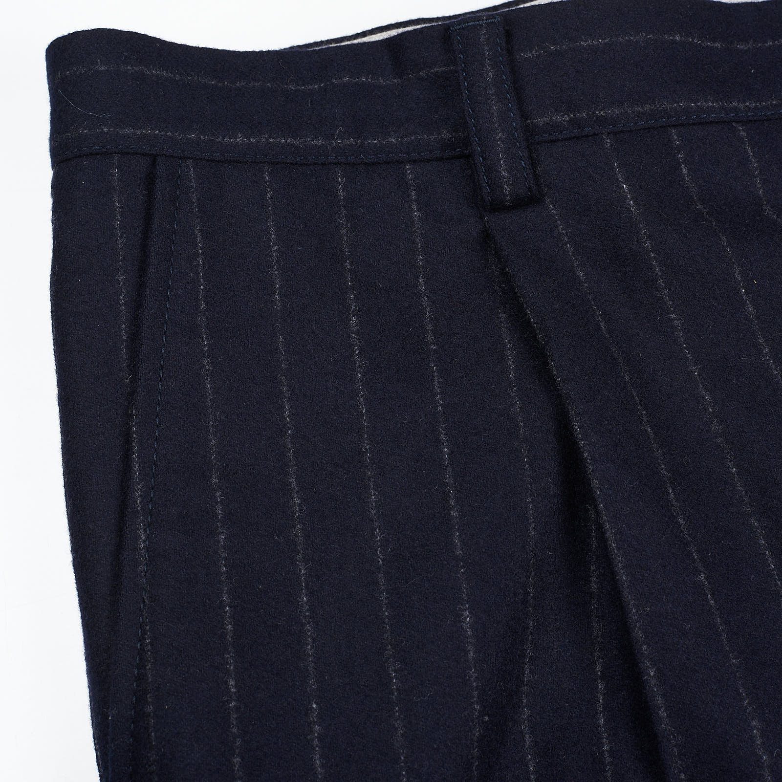 BRUNELLO CUCINELLI Navy Blue Chalk Striped Pleated Flannel Wool Pants EU 50 US 34