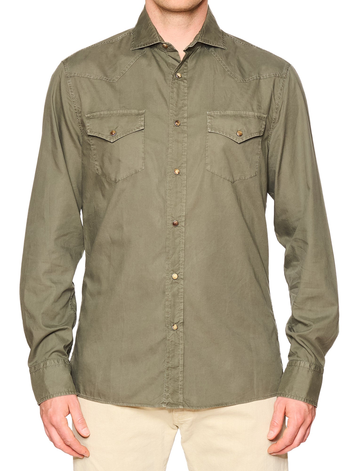 BRUNELLO CUCINELLI Olive Cotton Leisure Fit Casual Western Shirt