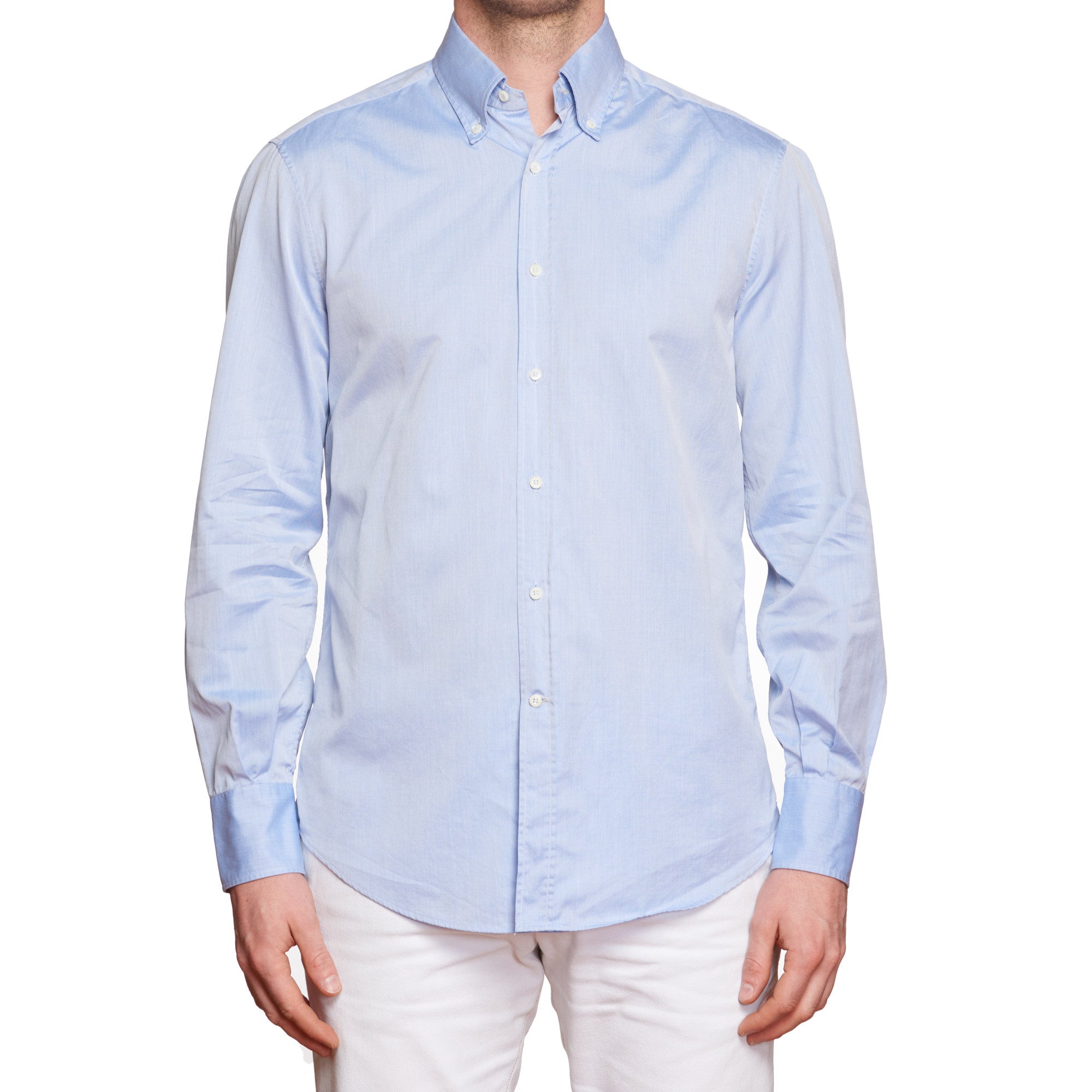 BRUNELLO CUCINELLI Solid Blue Cotton Button-Down Shirt Size M Basic Fit