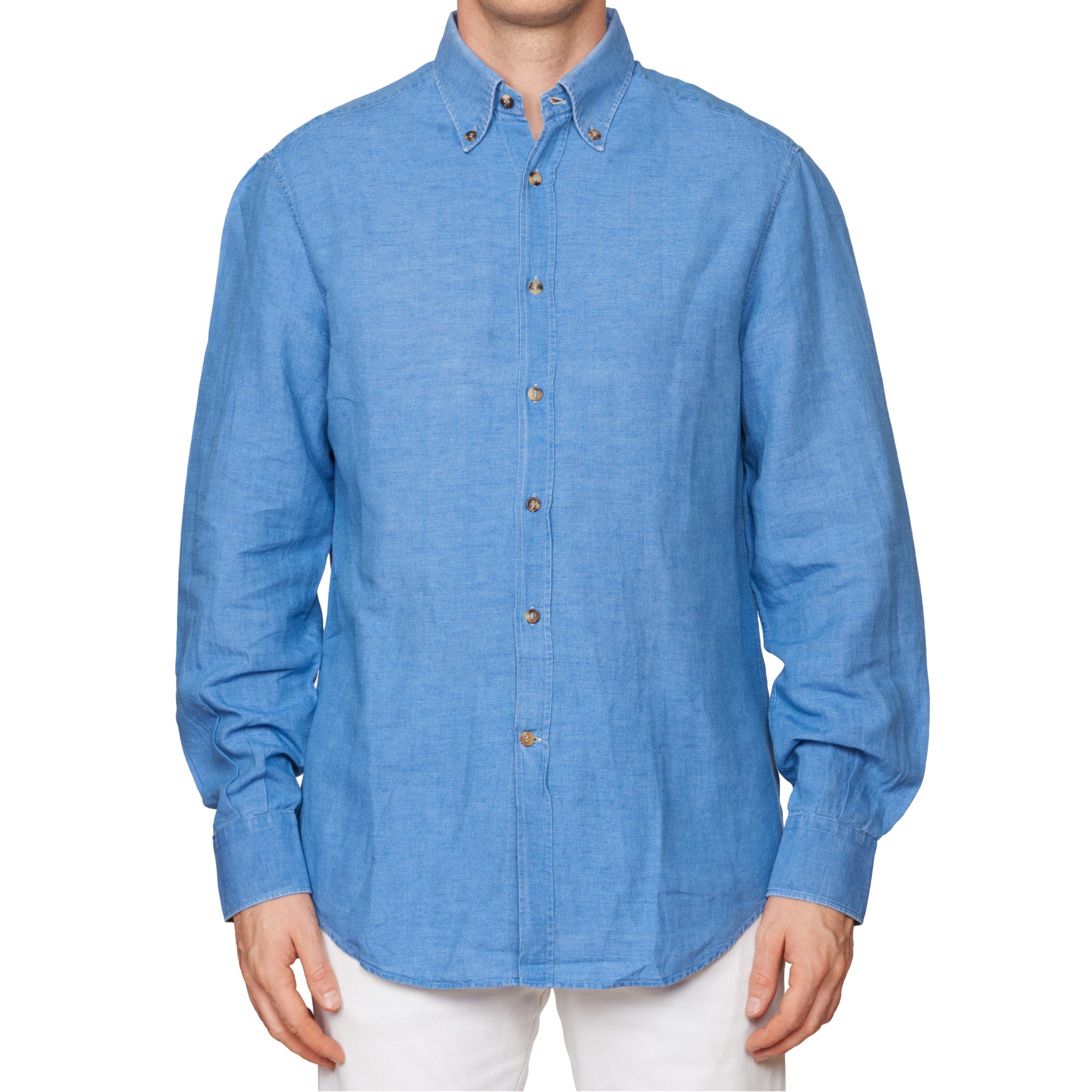 BRUNELLO CUCINELLI Solid Blue Linen-Cotton Button-Down Casual Shirt Size M Basic Fit