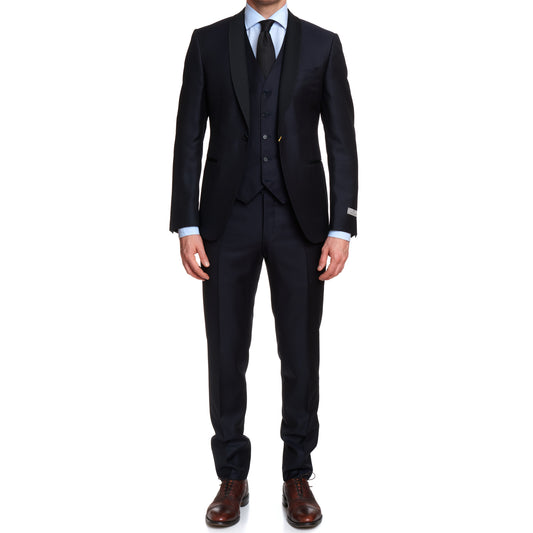CANALI 1934 Blue Jacquard Wool 3 Piece Shawl Collar Formal Suit EU 50 US 40 Slim Fit