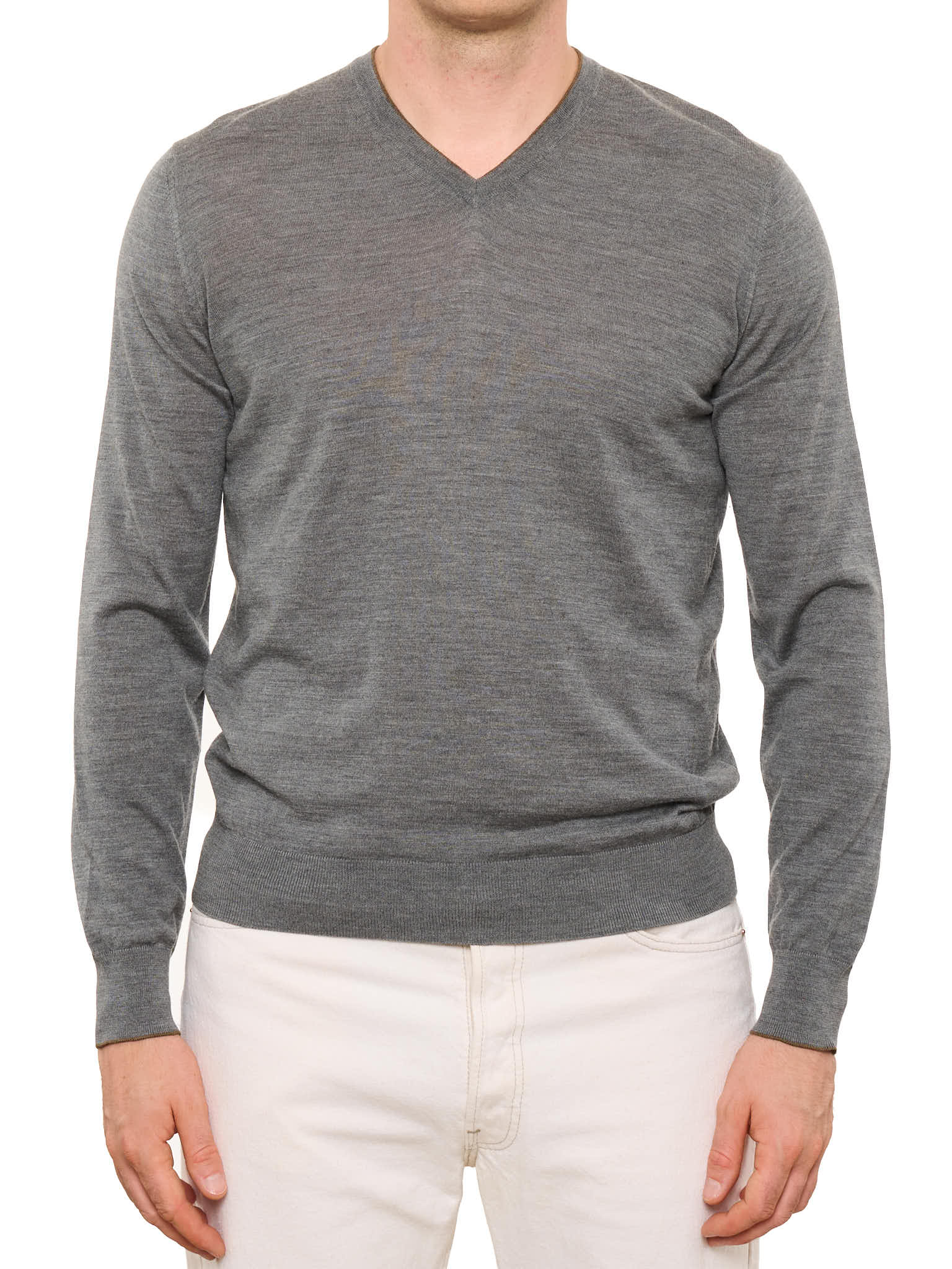 CESARE ATTOLINI Gray Wool-Silk V-Neck Sweater NEW M