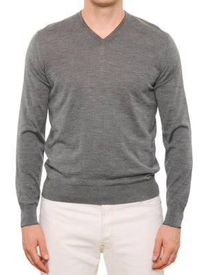 CESARE ATTOLINI Gray Wool-Silk V-Neck Sweater NEW M
