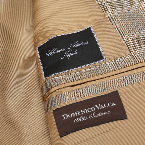 CESARE ATTOLINI Napoli Handmade Tan Plaid Cashmere-Silk Jacket EU 54 US 44
