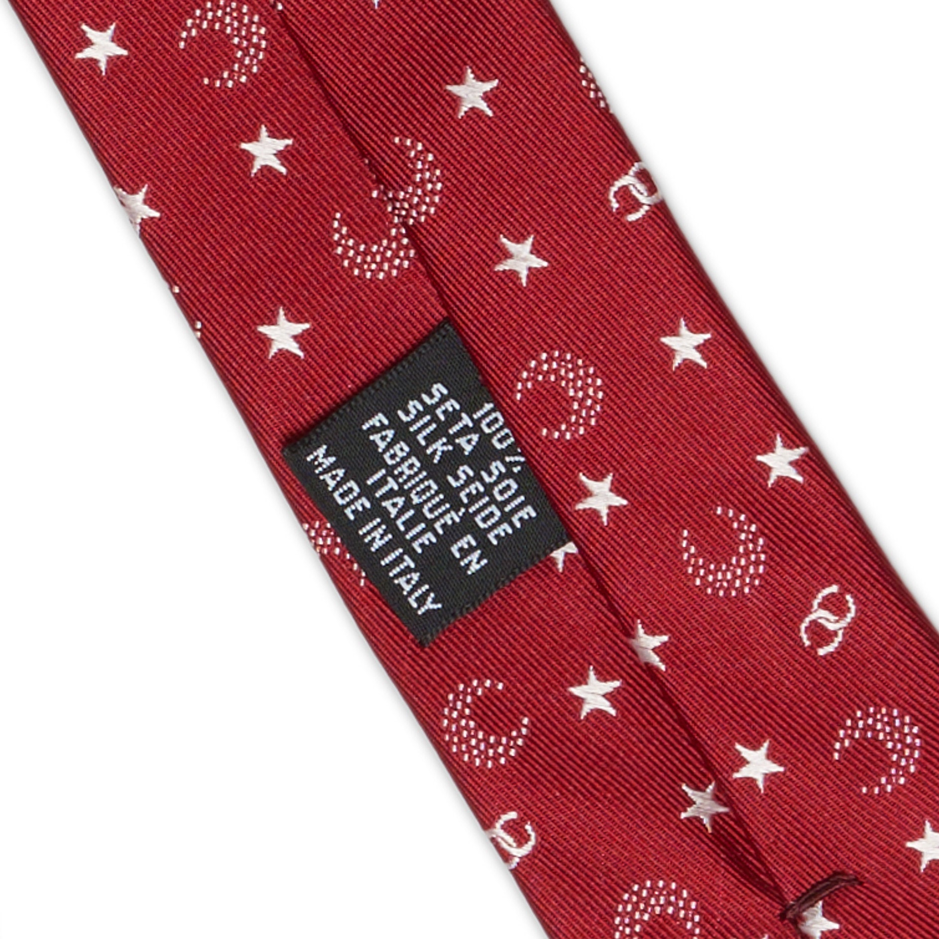 CHANEL PARIS Handmade Red CC Logo Moon Star Design Silk Tie
