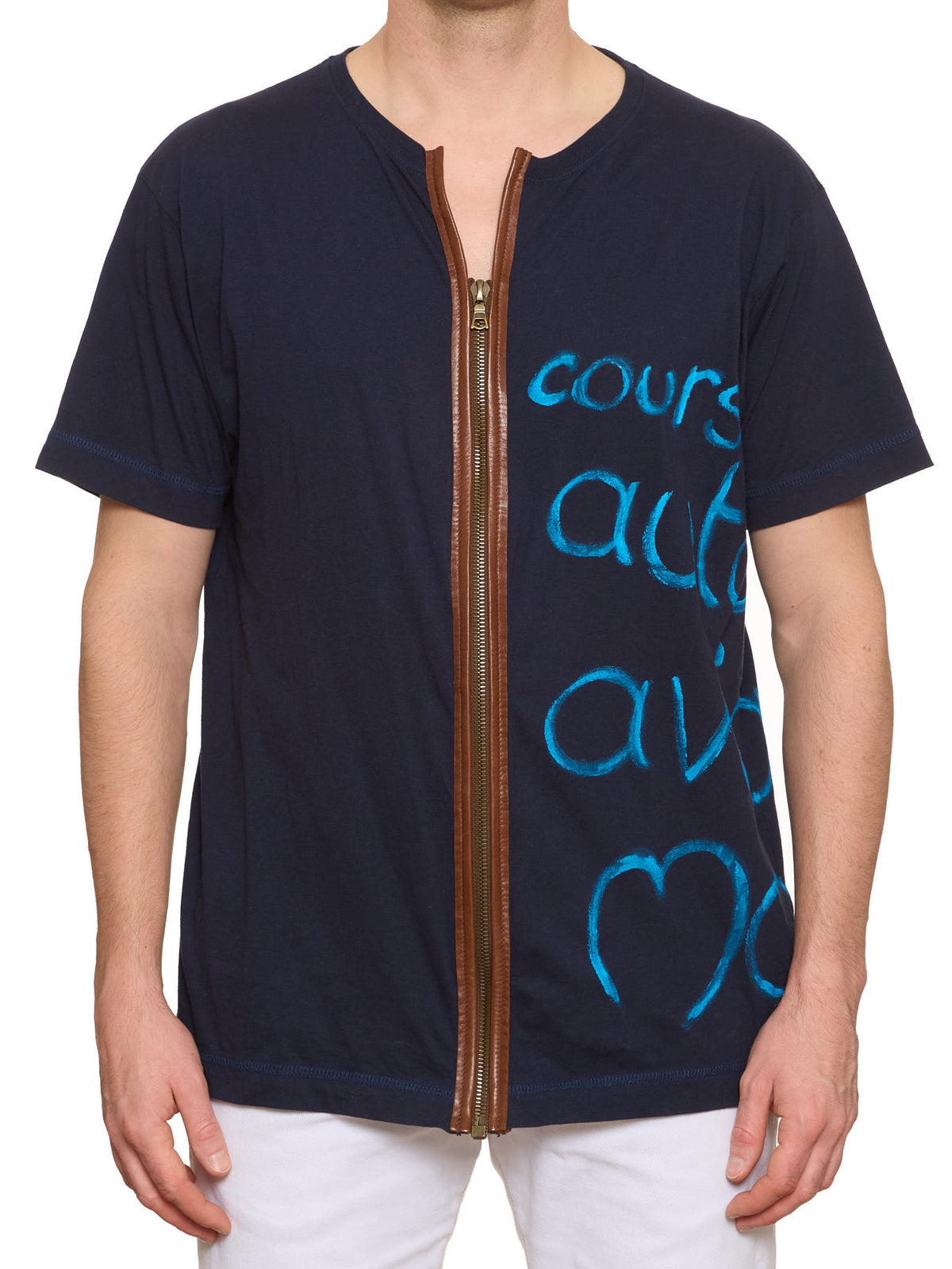 CHAPAL Hand Painted Luxury Zip T-Shirt Navy Blue