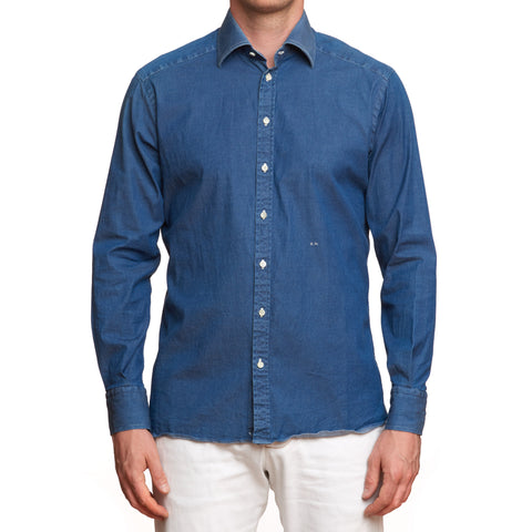 DI PIETRO Handmade Bespoke Blue Cotton Denim Casual Shirt US 16 Slim Fit