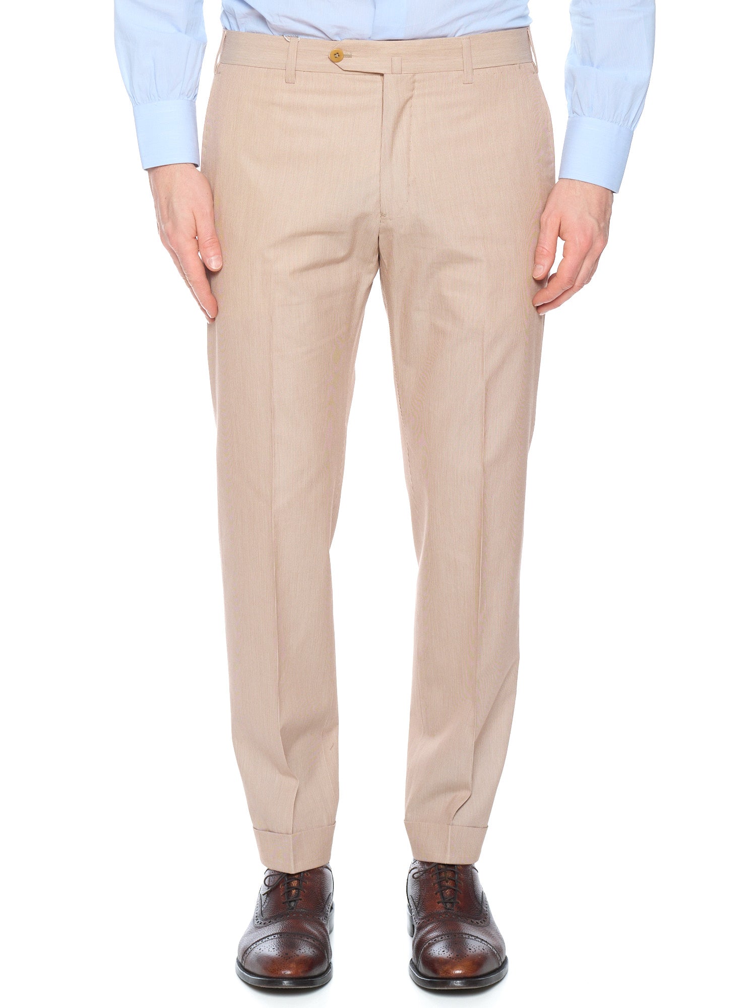 DONNANNA Handmade “Lazio” Brown Striped Cotton-Virgin Wool Flat Front Dress Pants