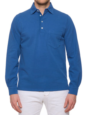 DRAKE'S Blue Cotton Pique Long Sleeve Polo Shirt Size 38 S