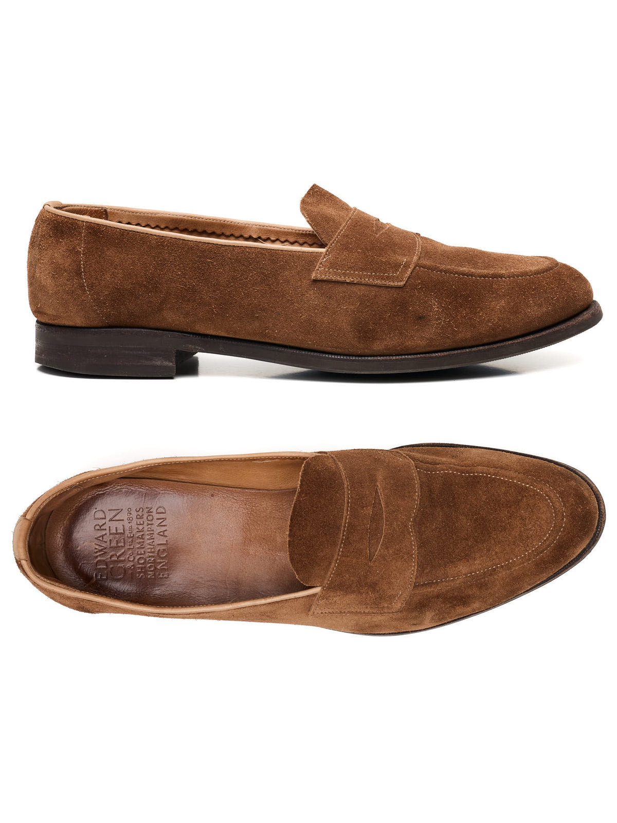 EDWARD GREEN Piccadilly Unlined Tobacco Brown Suede Penny Loafer Shoes US 9.5