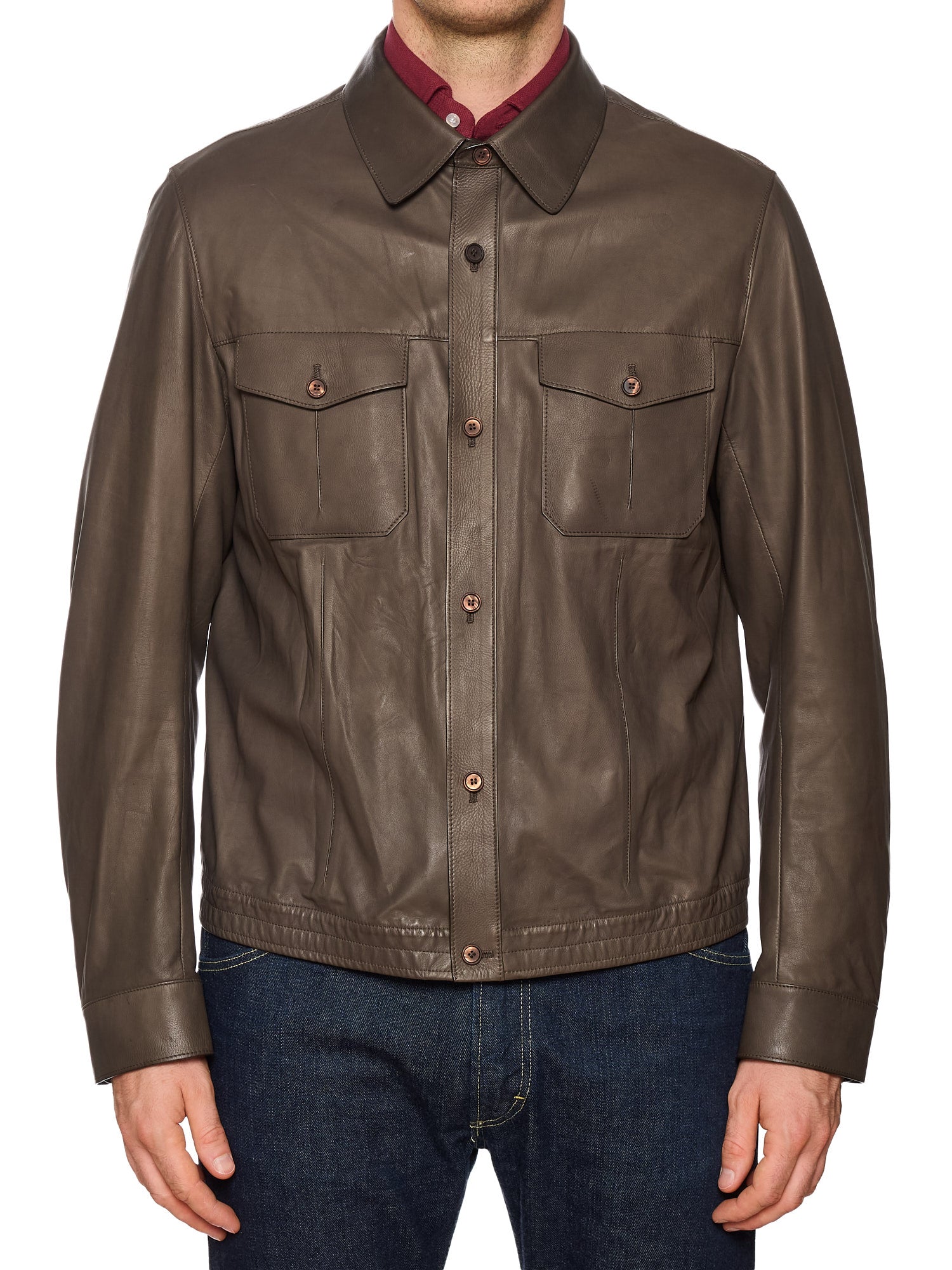 ERMENEGILDO ZEGNA Taupe Calfskin Leather Jacket